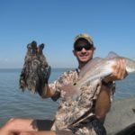 Watching redfish fin through your decoys adds a nice touch to these hunts. “You’re next,” we nod at them from the ‘rogue.