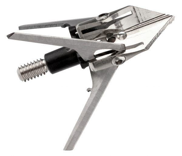 The Rage 3-blade mechanical broadhead with KORE technology cuts in six directions, with a 1.6-inch diameter star-like hole featuring 3 inches of total cutting area.