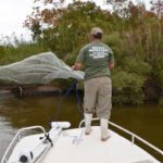 Derek got enough bait for the night with a few throws of his cast net at a water control structure. Below: Derek Logan’s catfish jugs are simple and deadly effective.