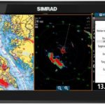 The HALO radar scanner image shown on this Simrad NSS evo2 unit is tracking weather on a 24-nautical-mile range scale, with a chart overlay that provides a feel for exactly where storms are occurring relative to land.