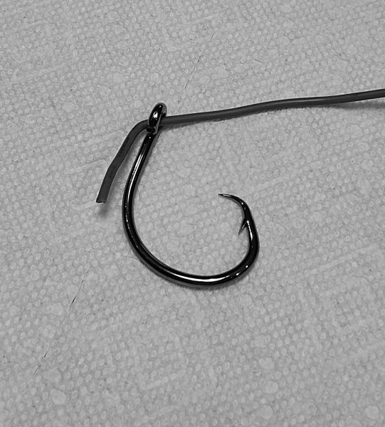 Step 1: Insert one end of your leader through the eyelet so that it lays across the back side of the shank, opposite the barb, making sure the tag end is the same length as the shank of the hook.