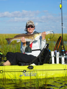 With high water conditions, Robyn Bordelon found redfish by tight-lining dead shrimp in the edges of flooded grass.