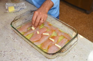 At first glance the fillets appear to be floating in olive oil, but the end result is delightful.