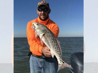 Capt. Eric Pellegrin landed this 400-spot leopard redfish Saturday morning near Wine Island Pass out of Cocodrie.