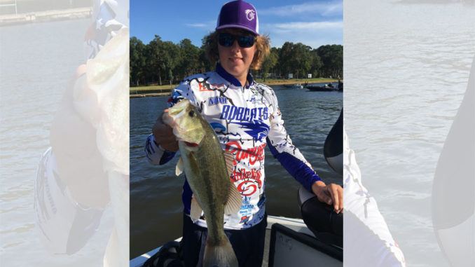 Above: Noah Jarrett of Hallsville, Texas, caught this chunky bass while fishing in the FLW High School Open on Nov. 4 at Toledo Bend. Jarrett, who fished with Davis Butrum, is the son of Ben Jarrett. The father-and-son found bass in the same patterns as guide John Dean — in shallow areas around peppergrass and milfoil — on buzzbaits, plastic frogs and Flukes in the middle section of creeks keying on channel swings in 2- to 10-foot depths.