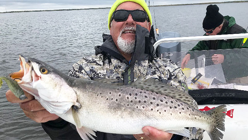 Capt. Mike Gallo likes to switch to fluorocarbon line on colder days when he’s targeting wintertime speckled trout.