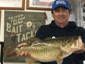 Clint Wade shows off the 10.84-pound lunker largemouth he caught on a V&M swim jig up at Toledo Bend on Jan. 12.