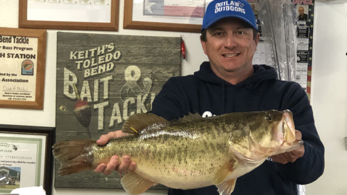 Clint Wade shows off the 10.84-pound lunker largemouth he caught on a V&M swim jig up at Toledo Bend on Jan. 12.