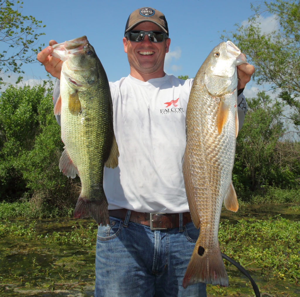Mike McCorkel with a good Penchant largemouth and redfish. Both fish are caught in the brackish waters.