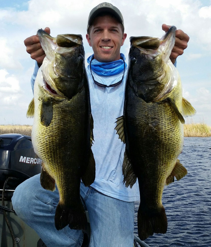 Johnny Watkins caught these two double-digit fish in April 2017 on back-to-back casts, one on a Ribbit and one on a creature bait.