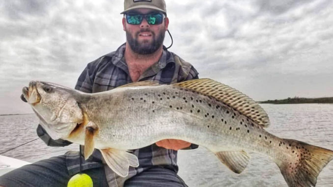 Capt. Brian Windsor of Hackberry caught this 7 ½-pound speckled trout on a bone-colored Heddon One Knocker Spook topwater lure on March 14.