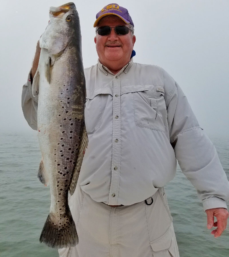 Duke Gallagher caught this 25 3/8-inch mule speckled trout estimated to weigh 6 pounds fishing a live shrimp fishing with Guide Tommy Pellegrin in Timbalier Bay.