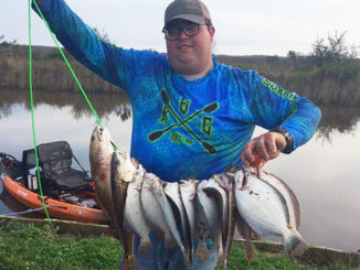 Kendall Mullins shows off a stringer featuring a nice limit of flounder from a recent trip in marshes near Big Lake. If you can find a good cut leading into a marsh featuring a drop-off, that’s a great spot to target doormats.