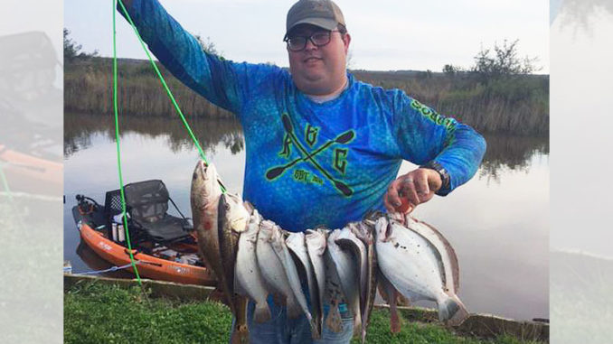 Kendall Mullins shows off a stringer featuring a nice limit of flounder from a recent trip in marshes near Big Lake. If you can find a good cut leading into a marsh featuring a drop-off, that’s a great spot to target doormats.