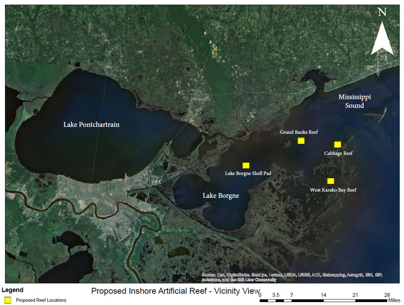 This map shows the four proposed artificial reef sites. (Map courtesy of LDWF)