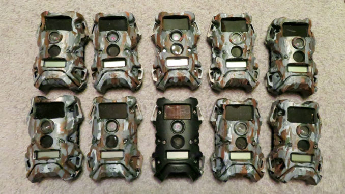 This photo shows 10 trail cameras — nine the author painted himself and one unpainted.