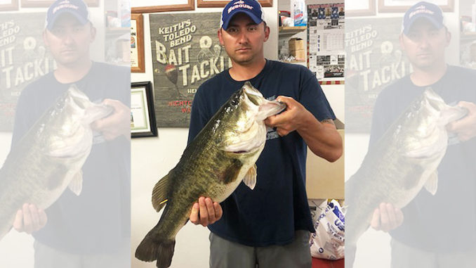 Justin Glover, of Zwolle, shows off the 10-pound largemouth bass he landed Monday, May 13, in the San Miguel area of Toledo Bend.