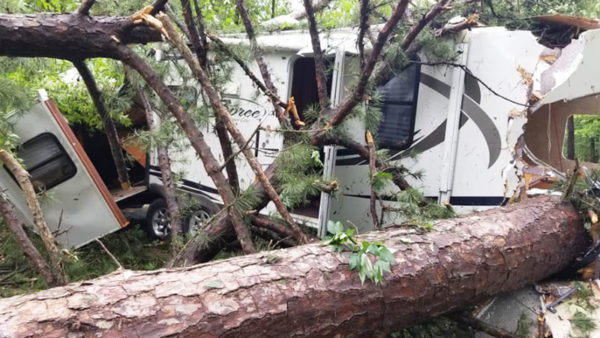 One of the campers that got crushed by the falling trees on Caney Lake. (Photo courtesy of Chantay Ramsey)