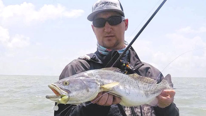The author landed this nice speckled trout on a Megabass Darksleeper, a Goby-type soft-plastic bait.