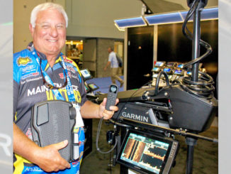 Crappie pro Dan Dannenmueller demonstrates the new Garmin Force trolling motor and a new Garmin scanning sonar unit at the 2019 ICAST show.