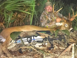 Caleb Guin shows off the big Bienville Parish 9-point buck he arrowed on Oct. 11 near Castor. The 4 ½-year-old deer had an inside spread of almost 21 inches, and green scored 140 5/8 inches of bone. (Photo courtesy of Caleb Guin)