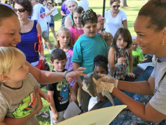 A volunteer instructor sharing information with families about sharks and other fish species at an outdoor event.