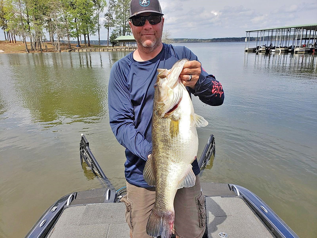 Mike Jasinski suffered a bout of “buck fever” immediately after catching this Toledo Bend lunker weighing 10.65 pounds on a Carolina-rigged watermelon Fluke in Housen March 18. (Photo courtesy Mike Jasinski)