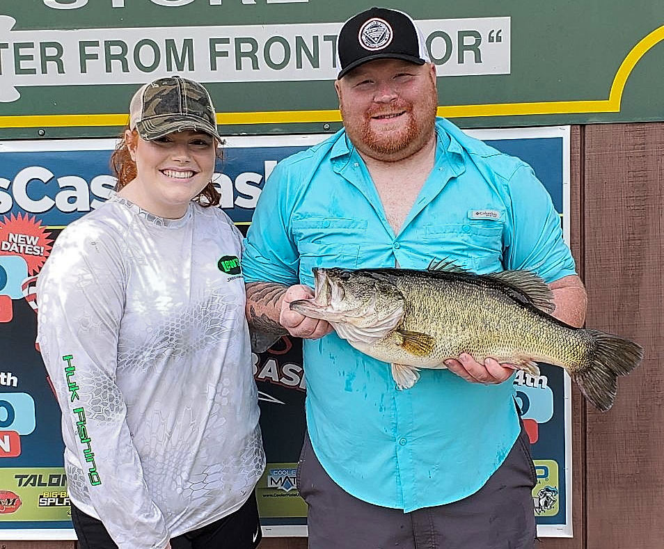 Ryan Mathewson and Brinlee, his girlfriend, display Mathewson’s 10-pound Toledo Bend lunker taken in the Six Mile area on watermelon-red Zoom Brush Hog March 14. (Photo courtesy of Toledo Bend Lake Association)