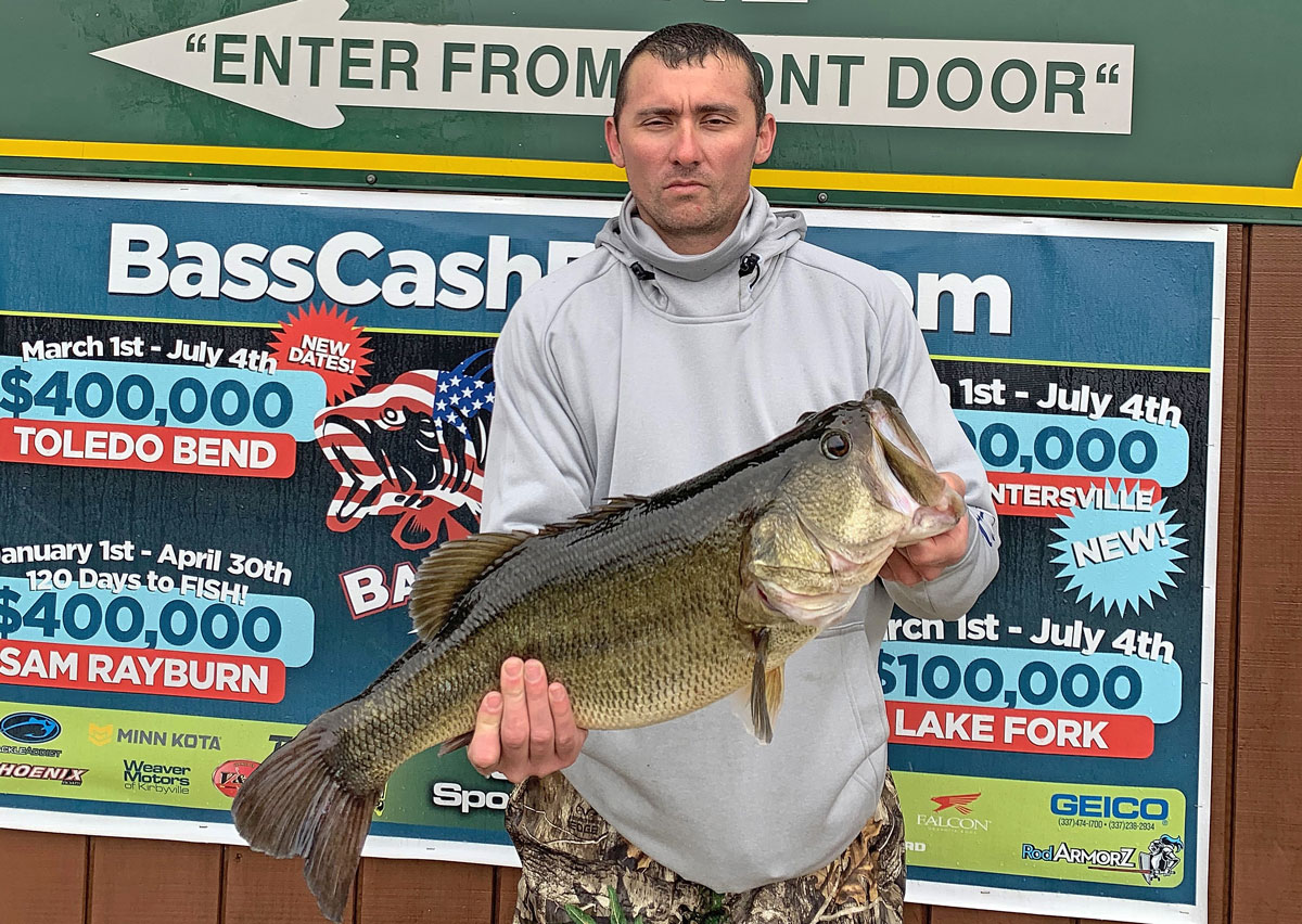 Zwolle’s Justin Glover scored on this Toledo Bend 10.44-pounder on a spinnerbait fishing near the Indian Mounds and Housen Area Feb. 20.