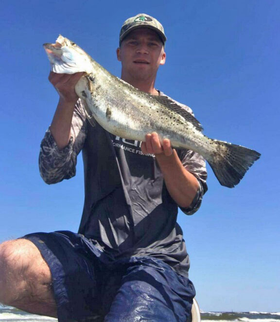 Dylan Bordelon of Metairie caught this 7.38-pound giant in the surf at Elmer’s Island on April 25.
