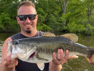 Ville Platte’s Jake Ortego displays his Toledo Bend lunker bass weighing exactly 10.0 pounds taken in San Miguel Cove May 12, 2020. Ortego caught his fish on a Texas-rigged Missile D Stroyer. (Photo courtesy of the Toledo Bend Lake Association)
