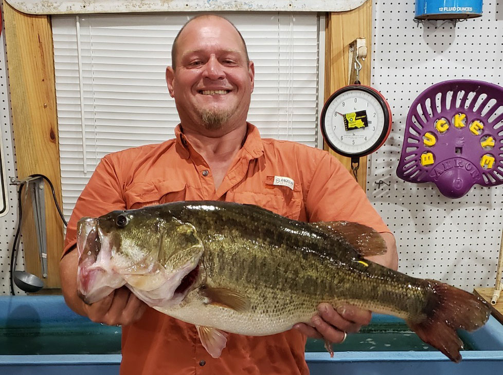 Bernard Fruge’ of Noble with his monster 12.35-pound bass caught at Toledo Bend on Aug. 21.