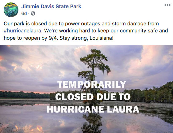 State Park Facebook pages are keeping guests up-to-date with progress on re-openings, but several like the Jimmie Davis Park will be slow to recover completely.