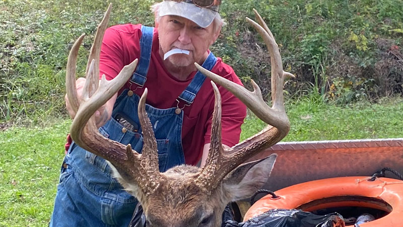 Ray Mangrum’s son, Sam, attracted the attention of this big Bienville Parish 14-point buck with a loud and deep grunt call from his phone.