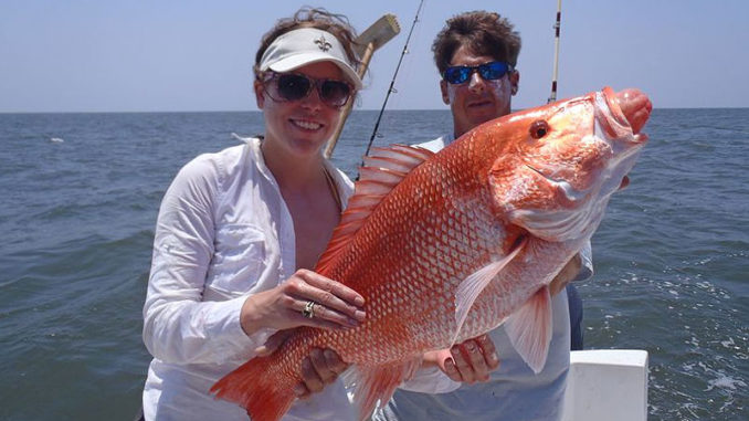 These two anglers are happy with this whopper snapper, caught of the Louisiana coast with Capt. Brett Ryan.
