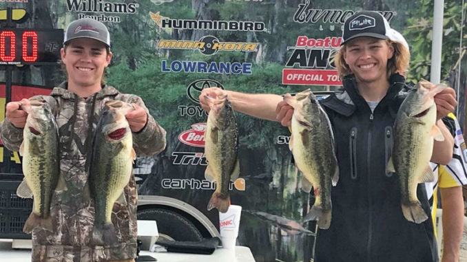 Dawson Andrews (left) and Wyatt Ensminger from Southeastern Louisiana University have been fishing together since age 13. They started bass fishing as young boys and began competing in the seventh grade as Junior Bassmasters.