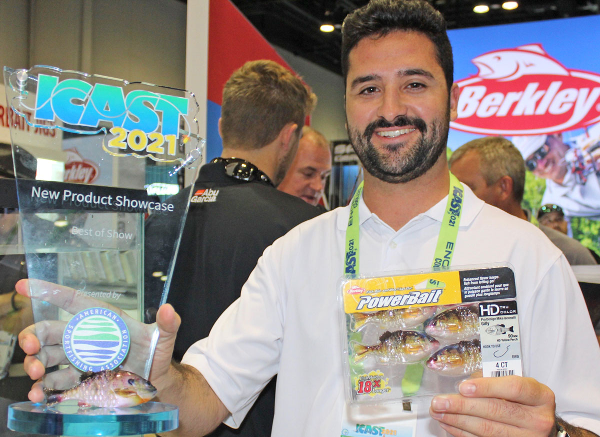 Berkley’s new Powerbait Gilly won ICAST Best of Show, the first ever award to go to a fishing bait. Shown here with the award and a pack of Gilly lures is Nathan Ragsdale with Pure Fishing, parent company of Berkley.