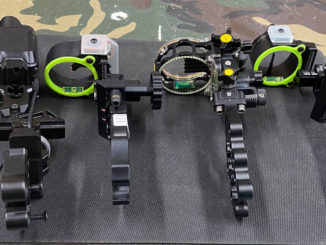 Main types of bow sights are (left to right): electronic range-finding, multi-pin slider, multi-pin fixed, and single-pin adjustable.