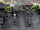Main types of bow sights are (left to right): electronic range-finding, multi-pin slider, multi-pin fixed, and single-pin adjustable.