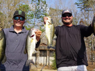 Cliff Crochet (right) and fellow bass pro Tyler Stewart caught these nice largemouth on a fun “off day” of fishing on Caney last year.
