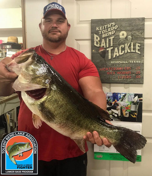 Michael Woods of Many with his 11.15-pound Toledo Bend lunker entered into the Toledo Bend Lake Association Lunker Bass Program.