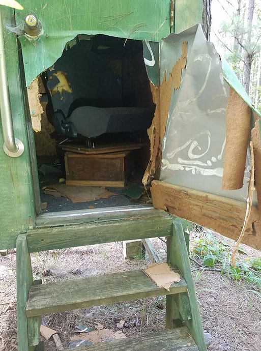 Hundreds of hunters are posting damage like this done to a deer stand ear-lier this month. Damage includes doors ripped off, windows broken and torn out, seats destroyed, deer feeders torn up and even furniture removed from stands and ripped to shreds.