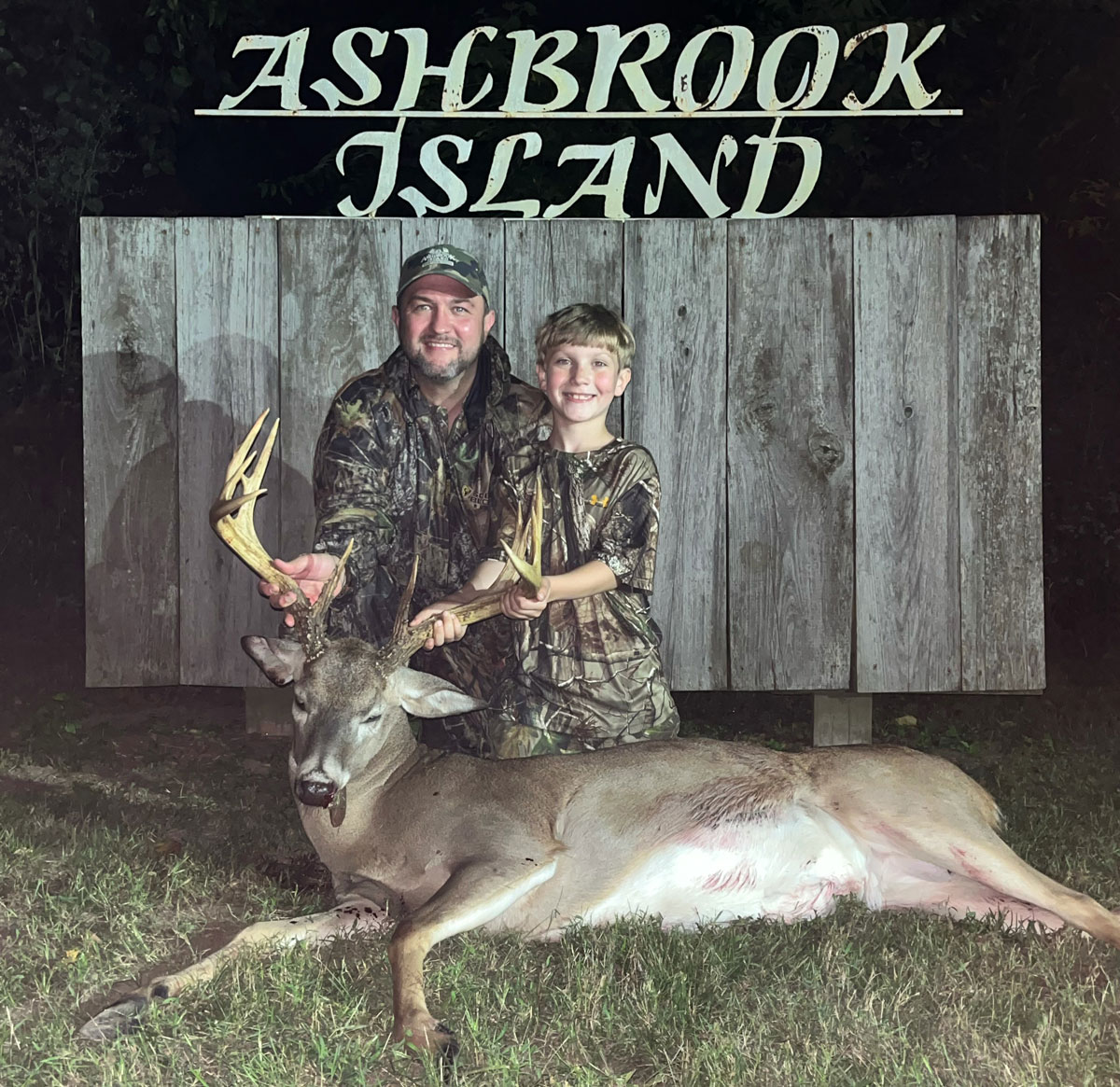 Michael O’Neal got some help from his son, Wesley, to take down this 12-point trophy buck on Ashbrook Island.