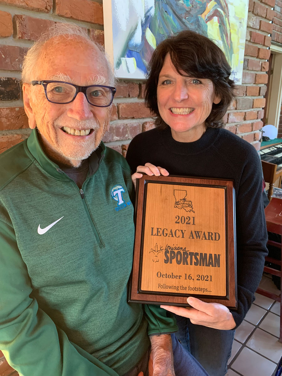 Allen Lottinger and Lisa Cuccia received the Louisiana Chapter Outdoor Legends Hall of Fame Legacy Award on behalf of the Louisiana Sportsman.
