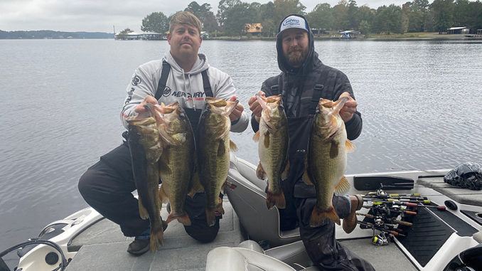 Dusty Mobley and Brennan Flick caught this five-fish stringer weighing 36.50 pounds and released them back into Caney. Then they went back out and added an 8 pounder to push their top five over 40 pounds after culling their smallest weighing fish from the catch.