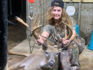 Dedria Brashear of Ruston bagged this big-bodied 12-point buck at her hunting club in Madison Parish on Oct. 12.