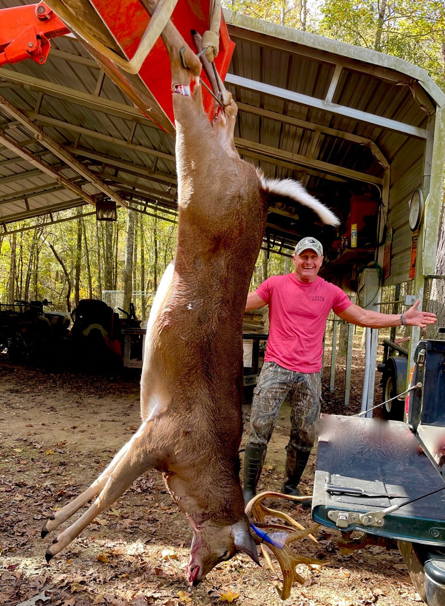 The enormity of Thorn’s big deer, shown here, wasn’t evident until they hoisted it to process it.