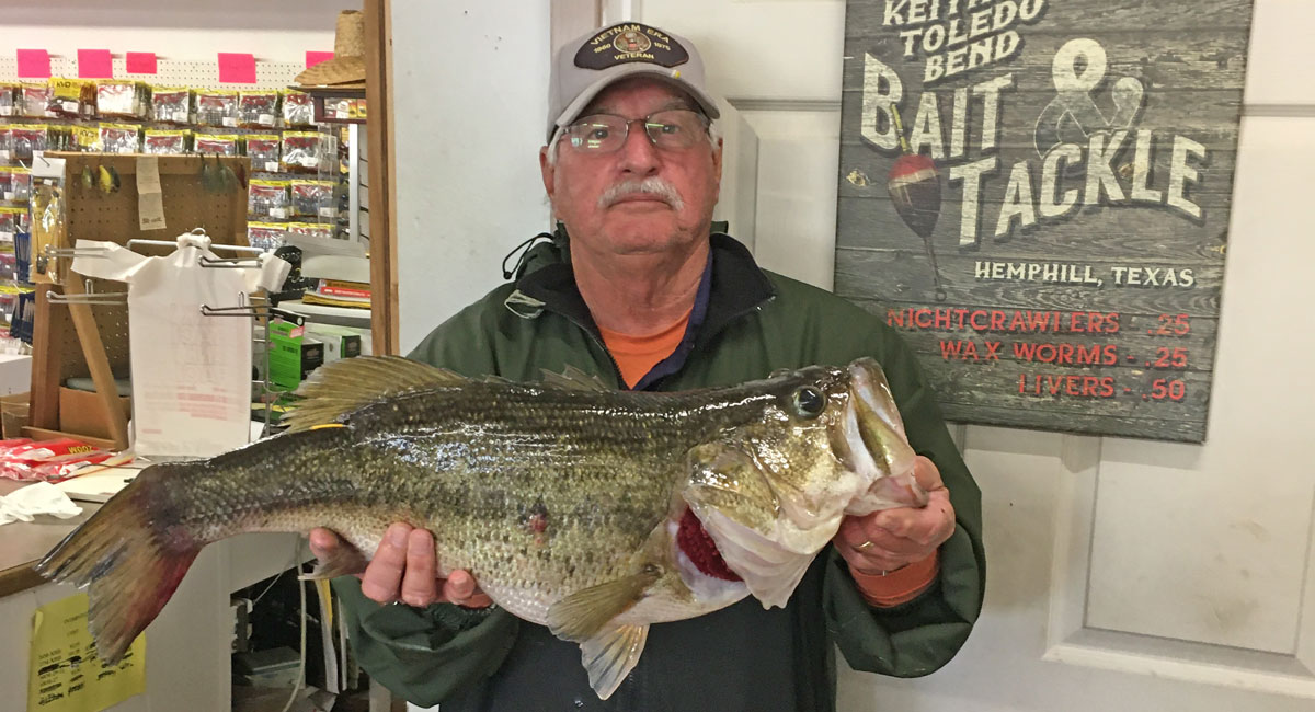 Charles Gullotta of Plaquemine with his 10.18-pound lunker caught on a watermelon red Zoom Brush Hog on March 15.