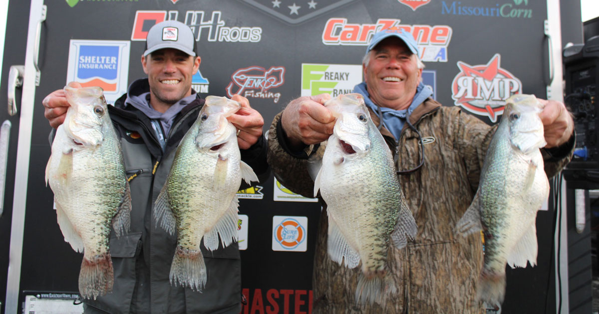 Brett, left, and Robert Luther with four Grenada slabs, including the 4.26 monster that was the big fish of the event. The Luthers finished in second place. (Photo courtesy Blake Jackson)