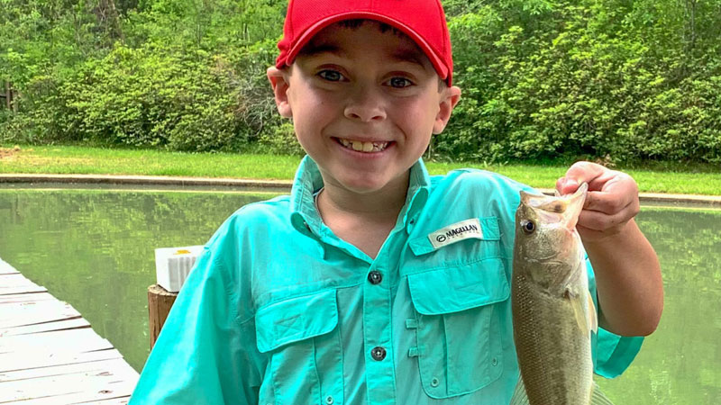 On Easter Sunday, Leeum Deshotel, 8, was fishing at his grandpa's pond when he reeled in his first bass using Nightcrawlers.